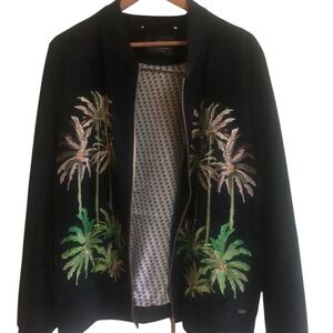 Scotch & Soda Suede Black Bomber Jacket with Palm Tree Design